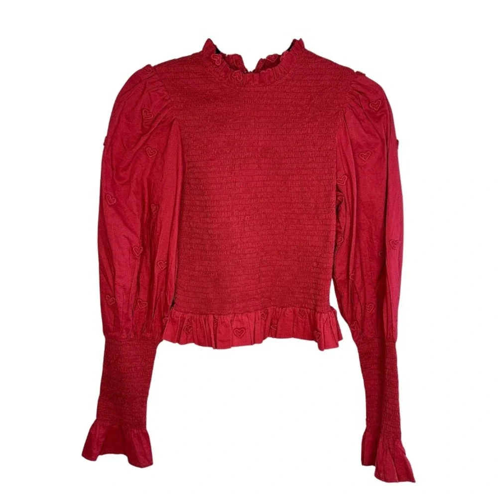 FARM Rio 3D Heart Smocked Blouse Size XS Red Embroidered Puff Sleeve Ruffle‎ Top